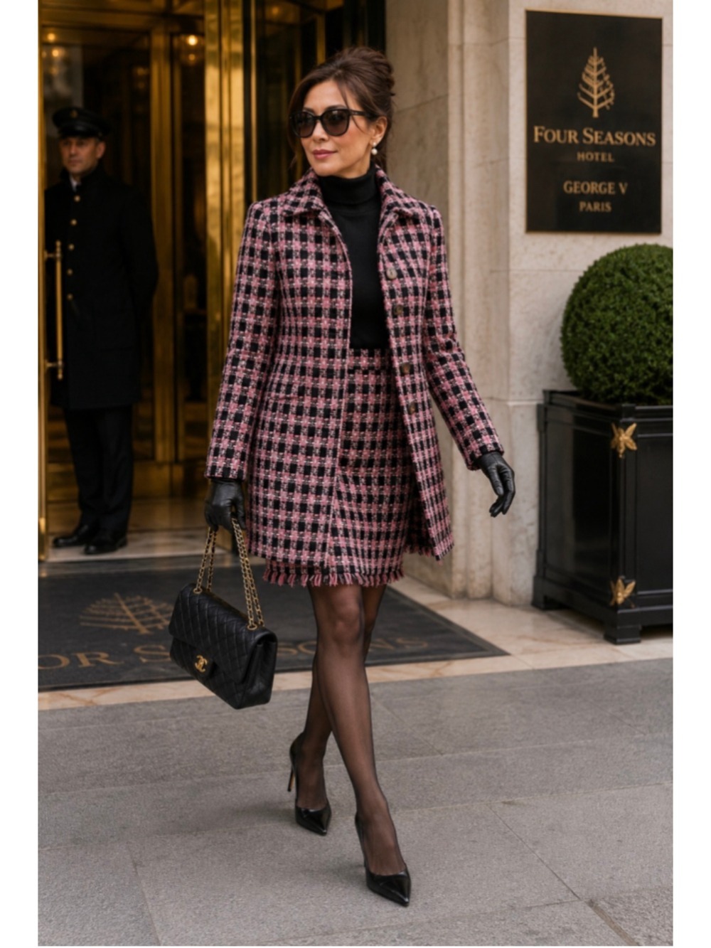 REQUIREMENTS Bouclé Tweed Jacket Pencil Skirt Suit Set Pink Black Women’s 10/12